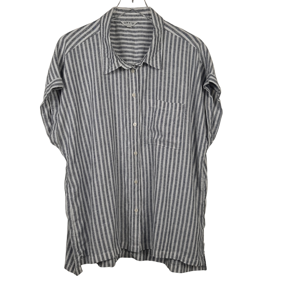 Orvis Linen Blend Blue And White Stripe Short Sleeve Button Front Shirt XL